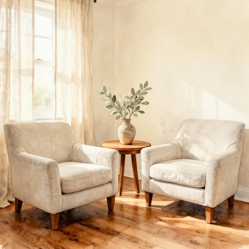 Soft watercolor of two linen armchairs angled toward each other in a sunlit office — a calm space for in-person sessions