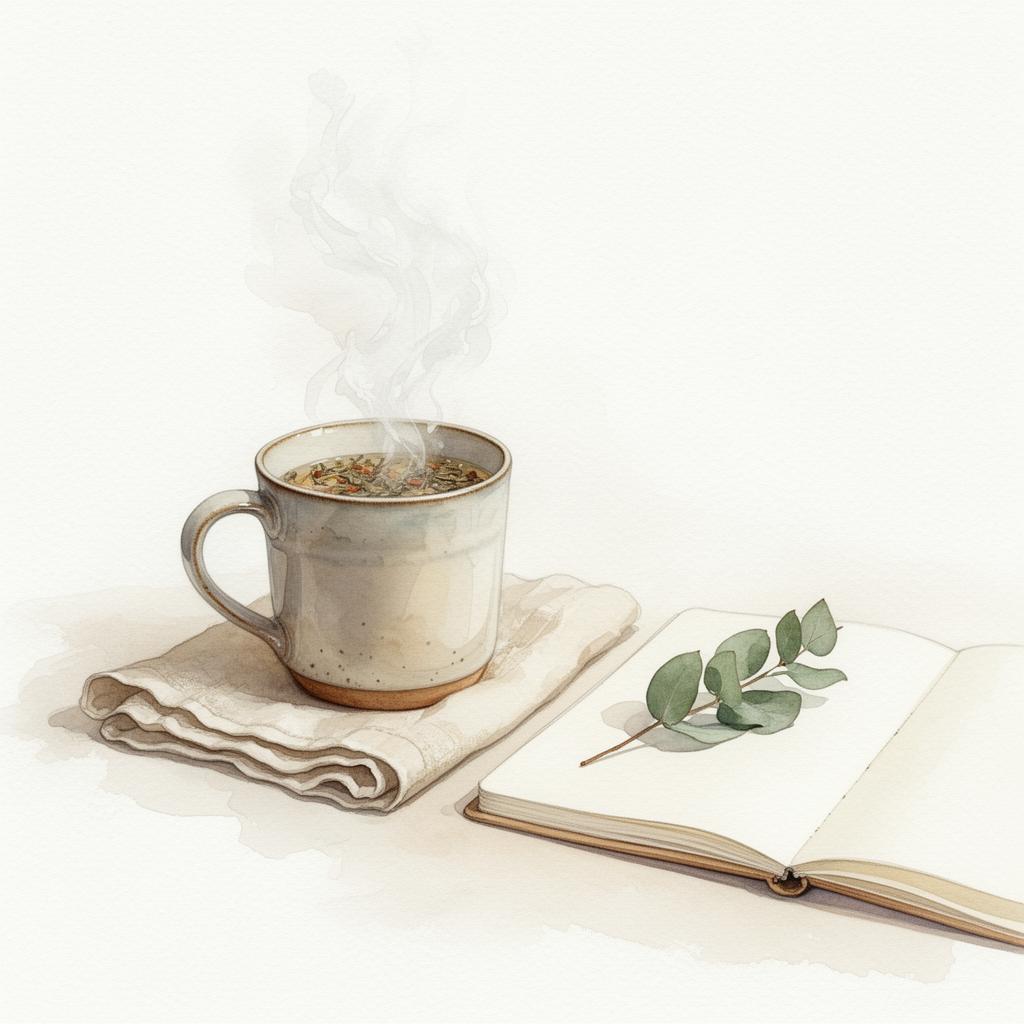 Watercolor of a steaming mug of herbal tea beside an open notebook with a eucalyptus leaf — pause and breath